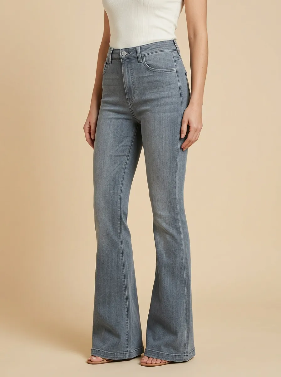 Retro Inspired Faded Finish High Rise Flare Jeans