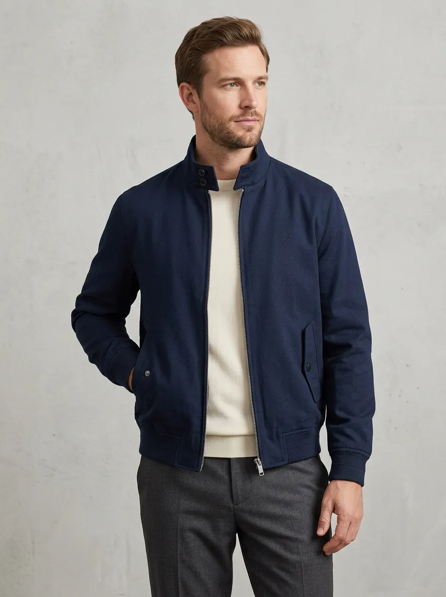 Men's Casual Minimalist Navy Embroidered Logo Harrington Jacket