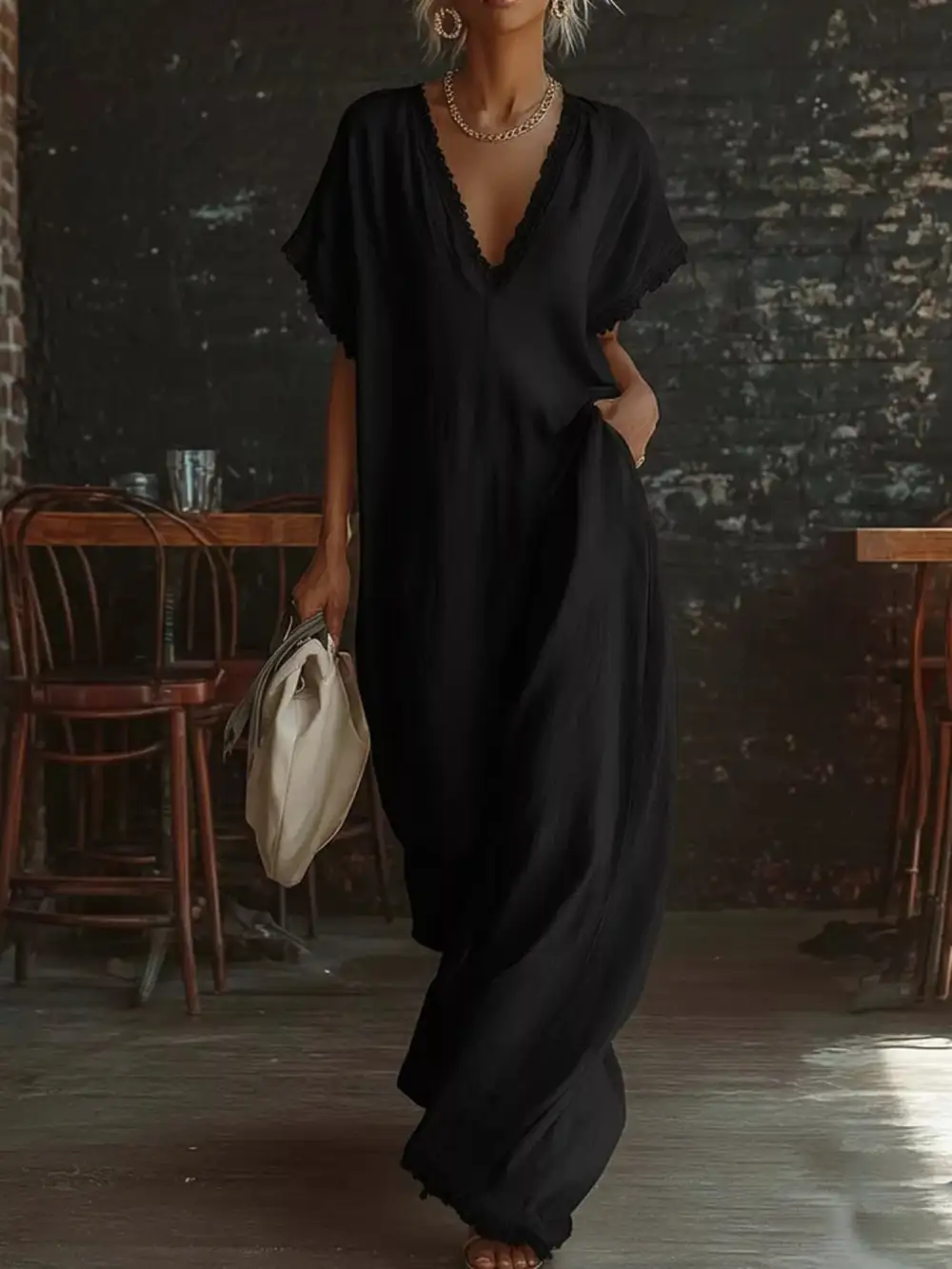 Full Size Lace Trim V Neck Maxi Dress Plus Size