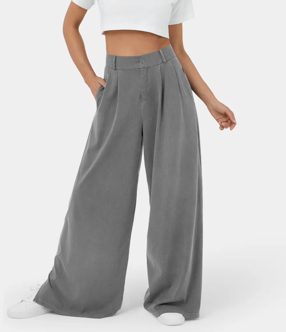 High Waisted Button Zipper Plicated Side Pocket Split Hem Wide Leg Casual Pants