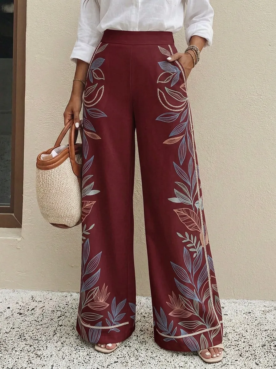 Women's Botanical Leaf Pattern Patterned High-Waisted Wide-Leg Pants