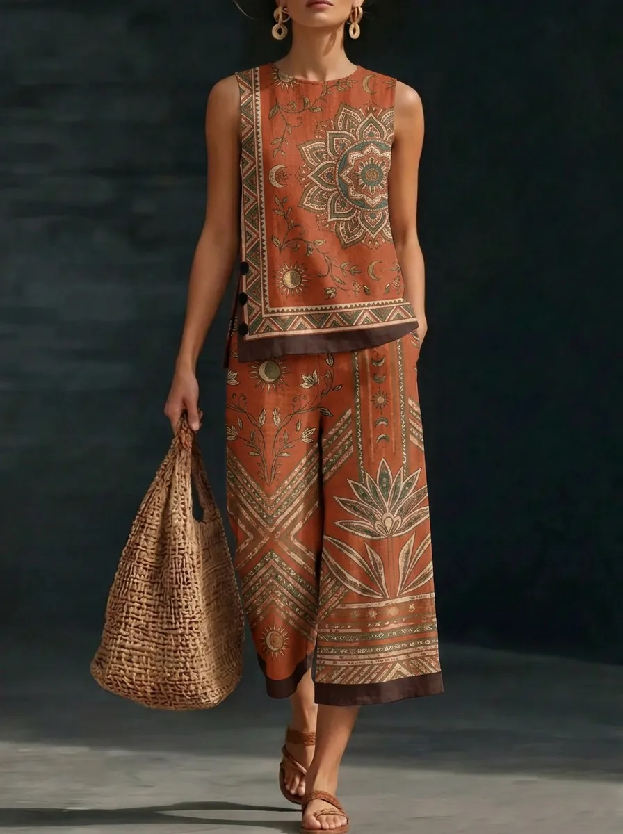 Women's Bohemian Mandala Sun Printed Sleeveless Set