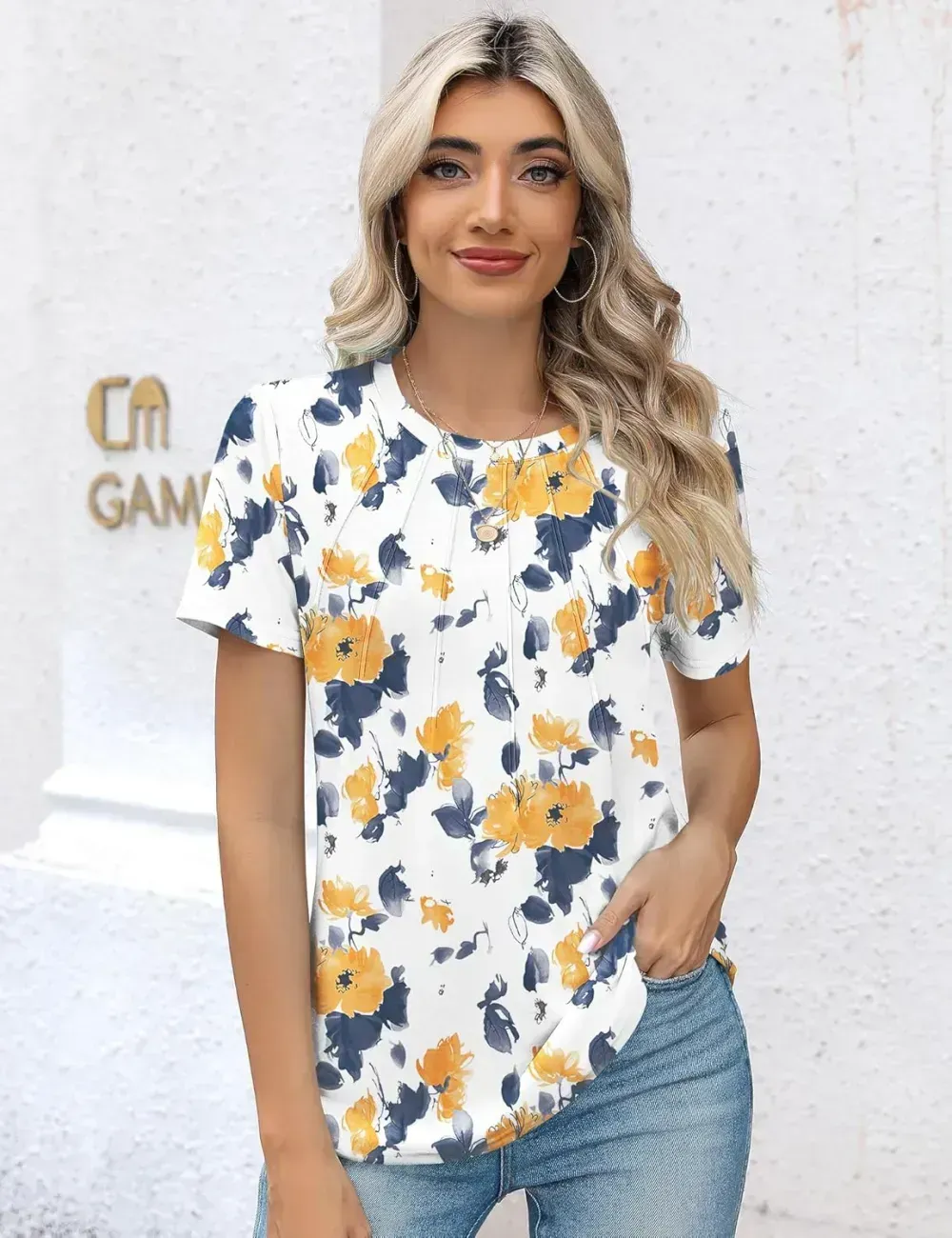 Kistore Womens Casual Crew Neck Short Sleeve Pleated Tops Blouses Fashion Clothes 2024