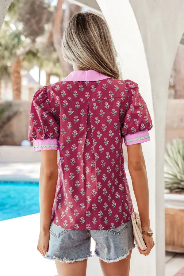 Women's Flower Motif V Neck Collared Top