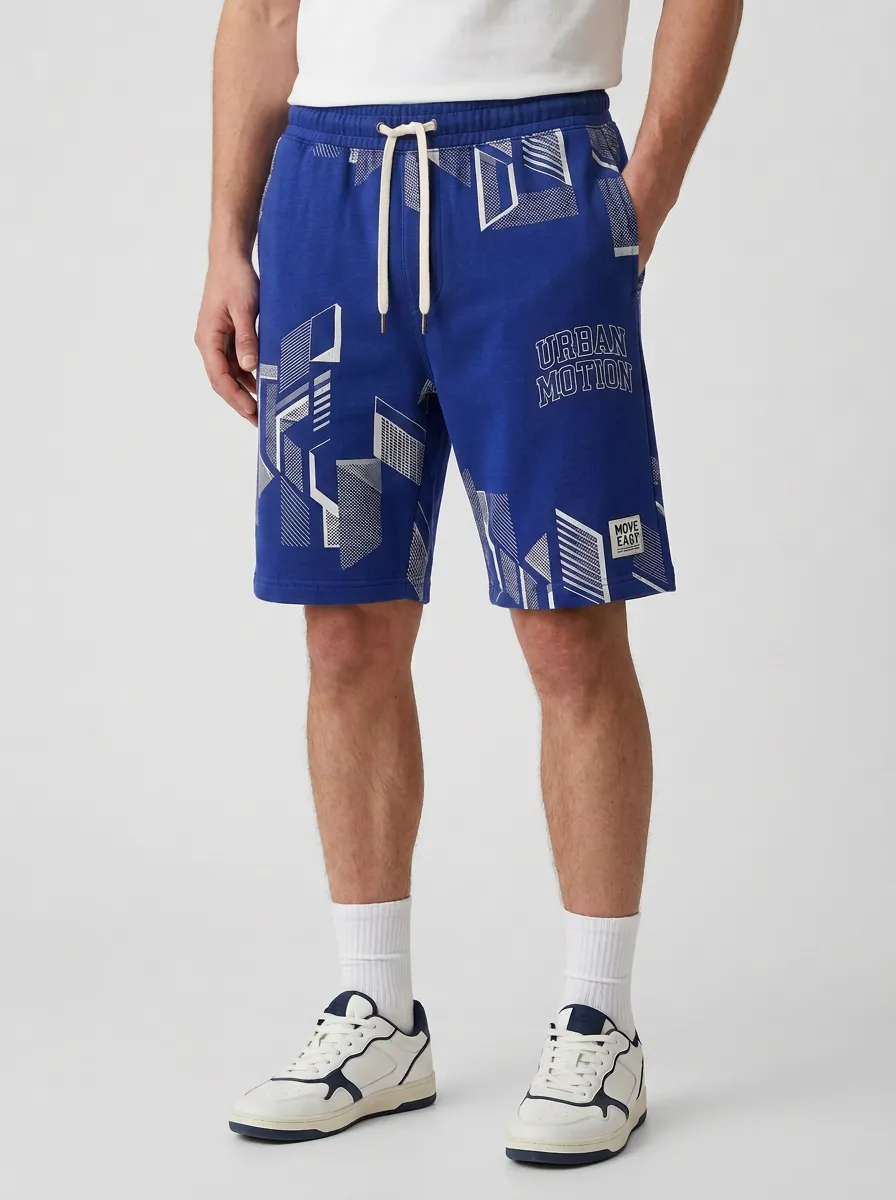 Men's Geometric Drawstring Relaxed-Fit Printed Sweat Shorts