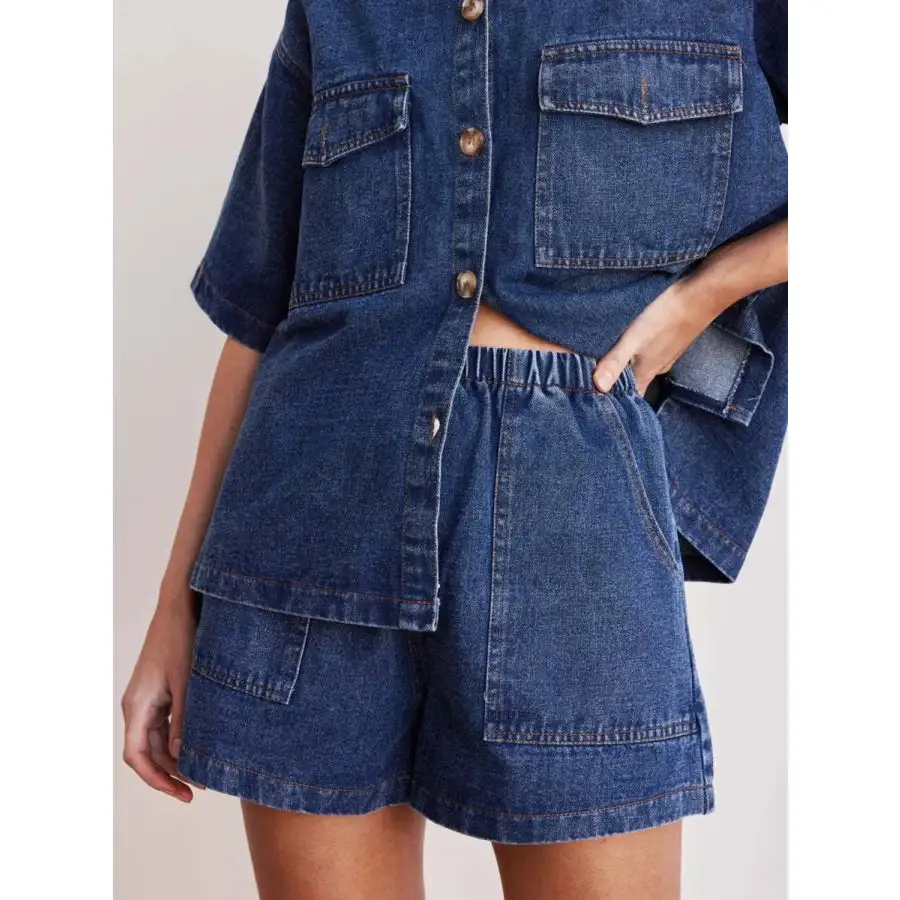 Drawstring Elastic Waist Pocketed Denim Shorts
