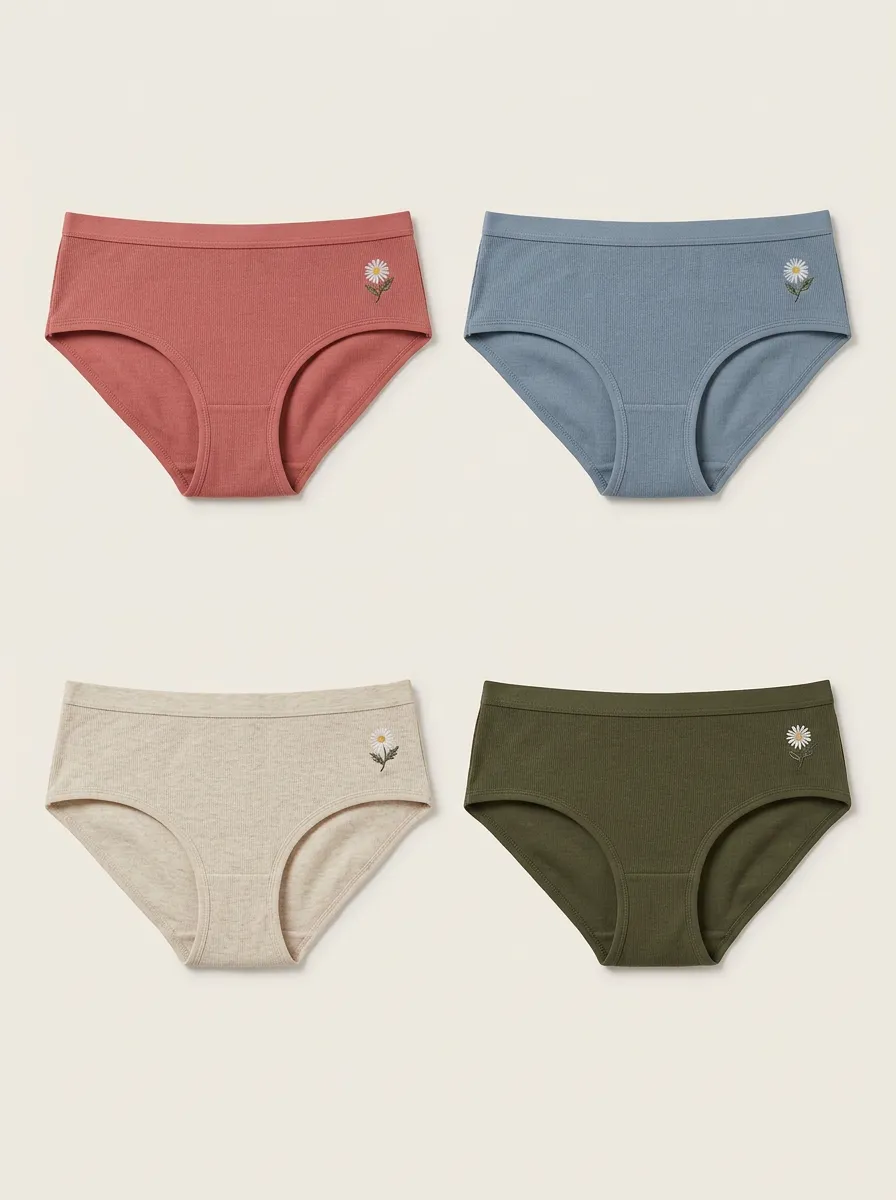 Women's Four-Pair Daisy-Embroidered Ribbed Seamless-Look Brief Set