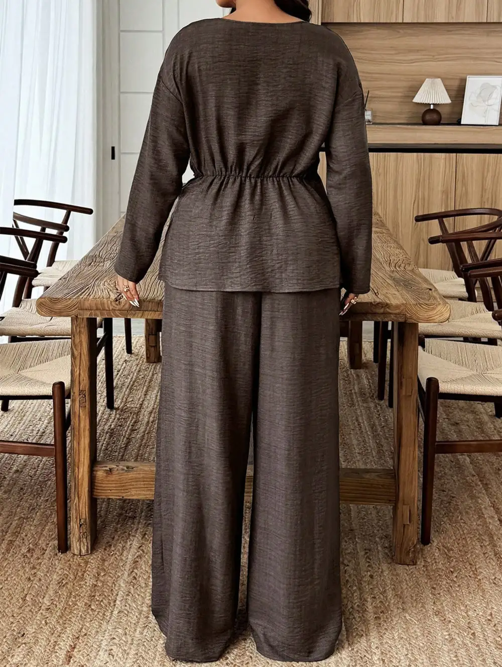 Fitted Round Neck Top and Wide Leg Pants Suit