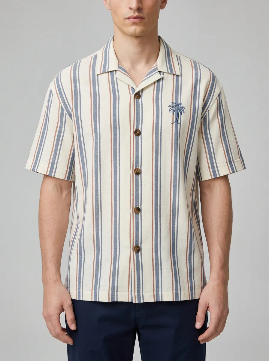 Men's Summer Beach Vacation Palm Tree Striped Printed Shirt