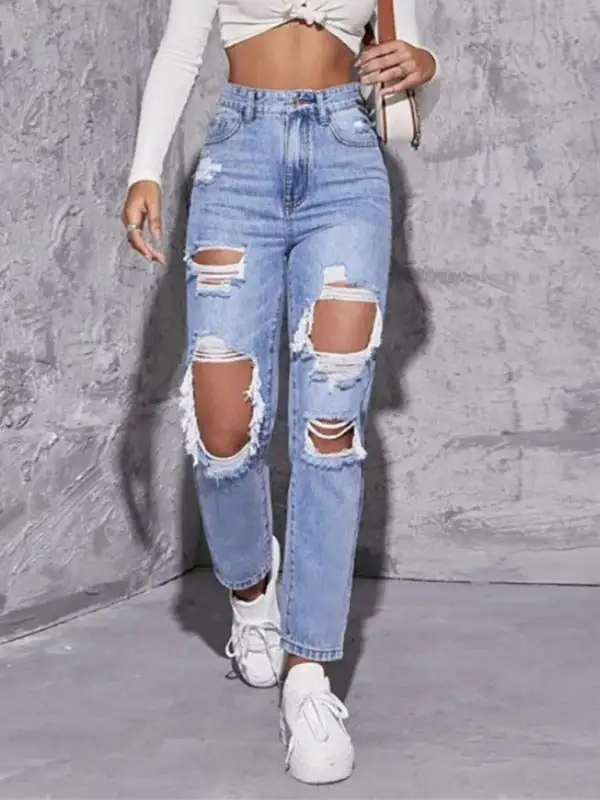 Washed Ripped High Waist Straight Trousers Pants