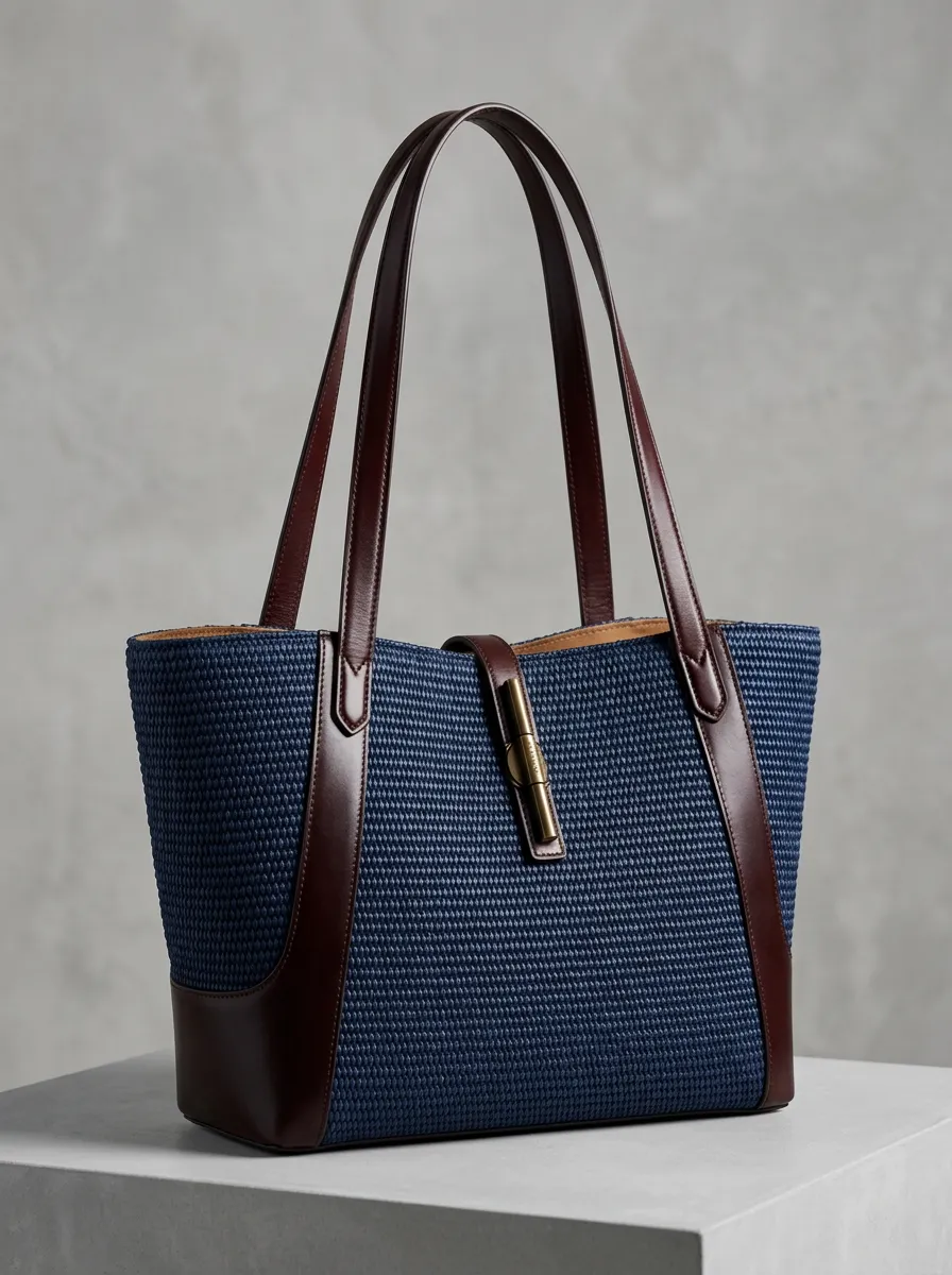 Modern Woven Leather-Trim-Look Women's Tote Bag