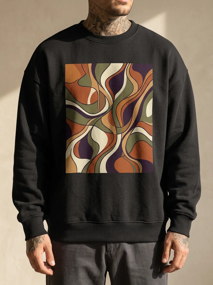 Retro Abstract Wavy Pattern Crewneck Sweatshirt With Ribbed Trim