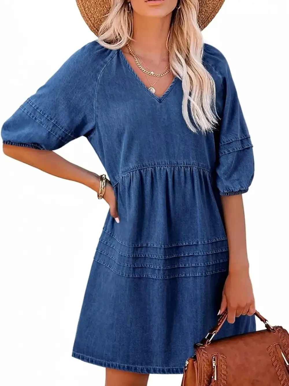 Denim V Neck Puff Sleeve Mini Dress
