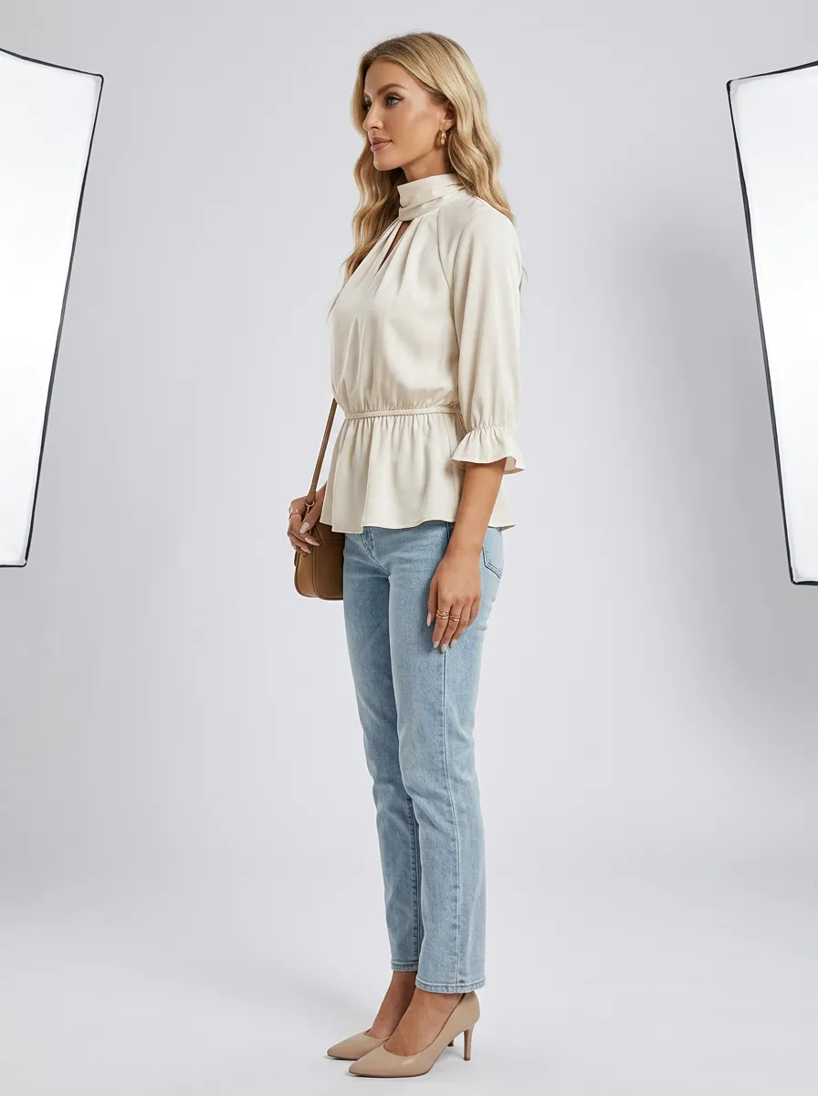 Mock Neck Ruffle Sleeve Peplum Blouse