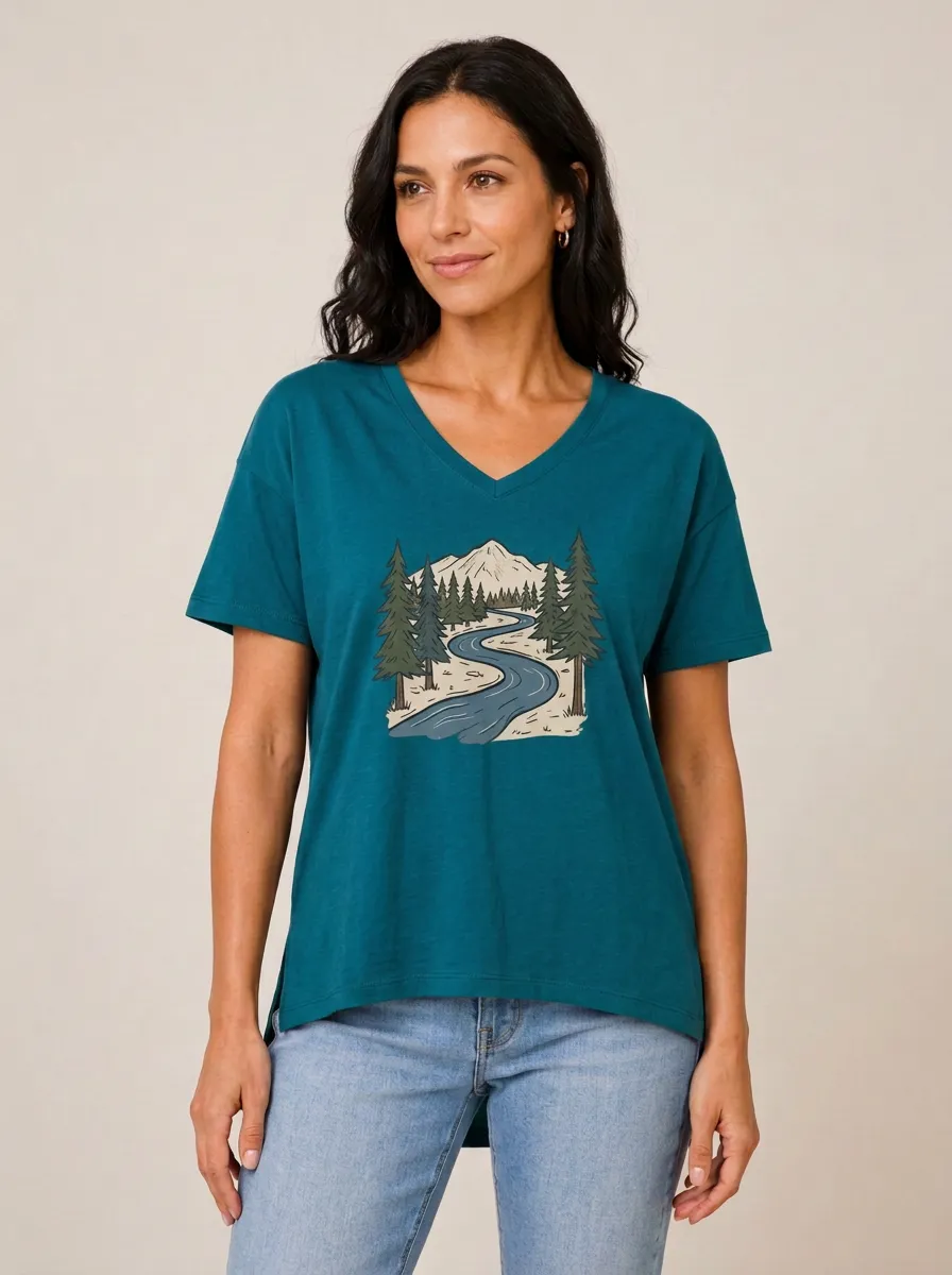 Women's Nature-Inspired Mountain River Forest Graphic V-Neck T-Shirt
