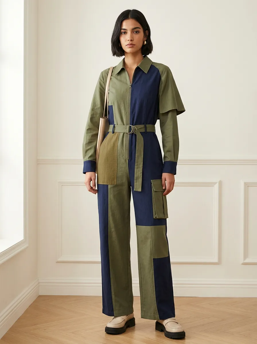Women's Briar Utility Patchwork Colorblock Belted Jumpsuit