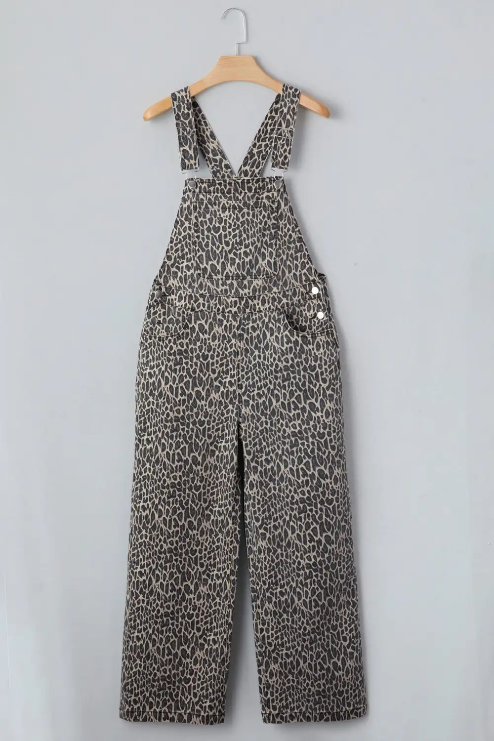 Leopard Print Straight Leg Loose Overall Denim Pants