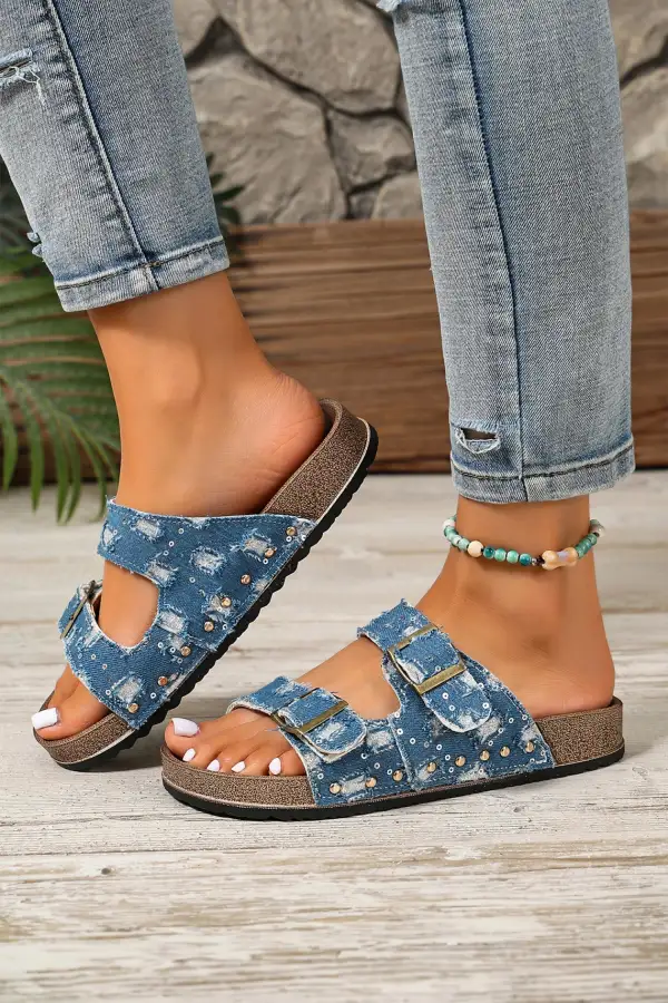 Faux Suede Buckle Strappy Cutout Flat Sandals