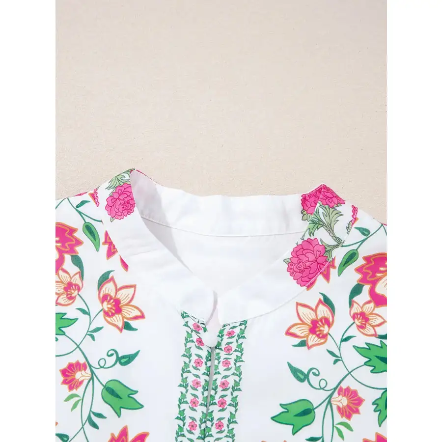 Relaxed Floral Print Half Button Mandarin Neck Sleeve Maxi Dress