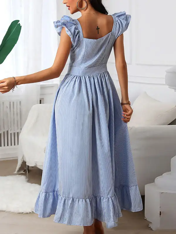 Trim Pleated Buttoned Neck Maxi Dress