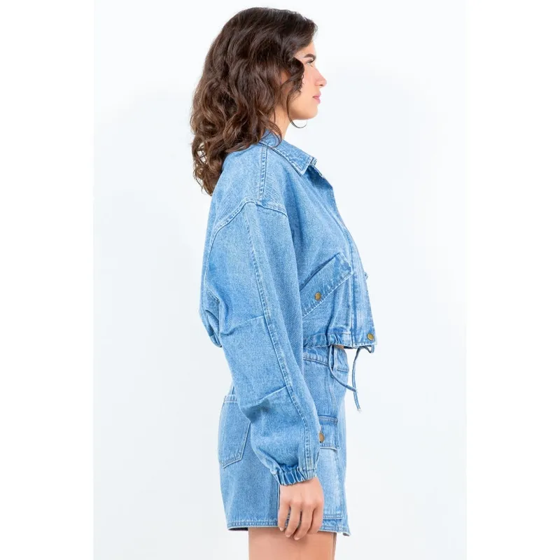 Drawstring Waist Crop Denim Jacket