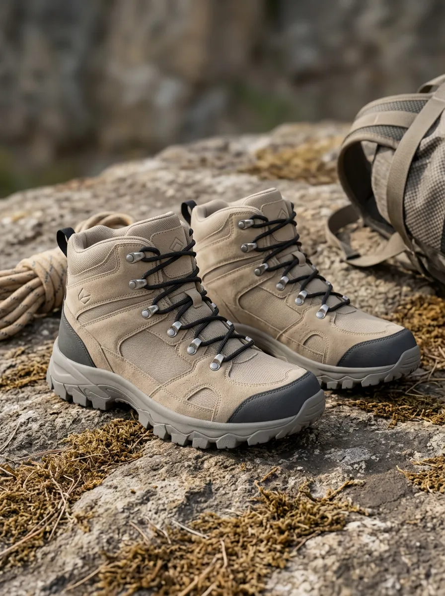 Unisex Outdoor Hiking Tan Suede Printed Boots