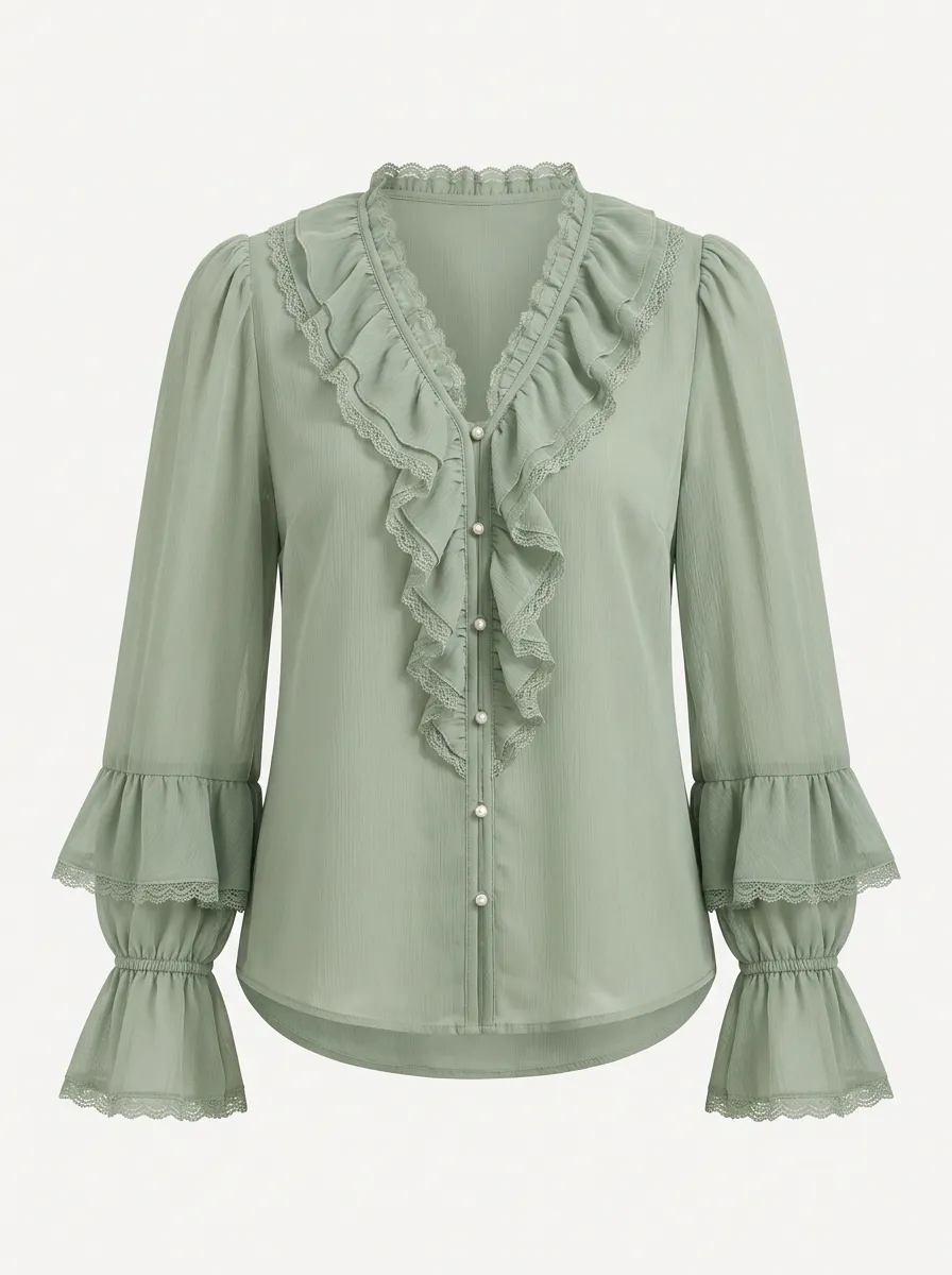 Women's Vintage Ruffle Lace Trim Pearl Button Chiffon Top