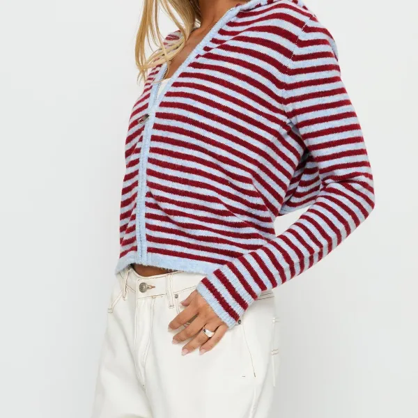 Blue and Red Striped Zip-Up Knit Hoodie