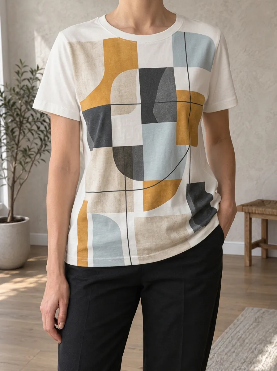 Women's Fluid Abstract Geometric Pattern Crew Neck T-Shirt