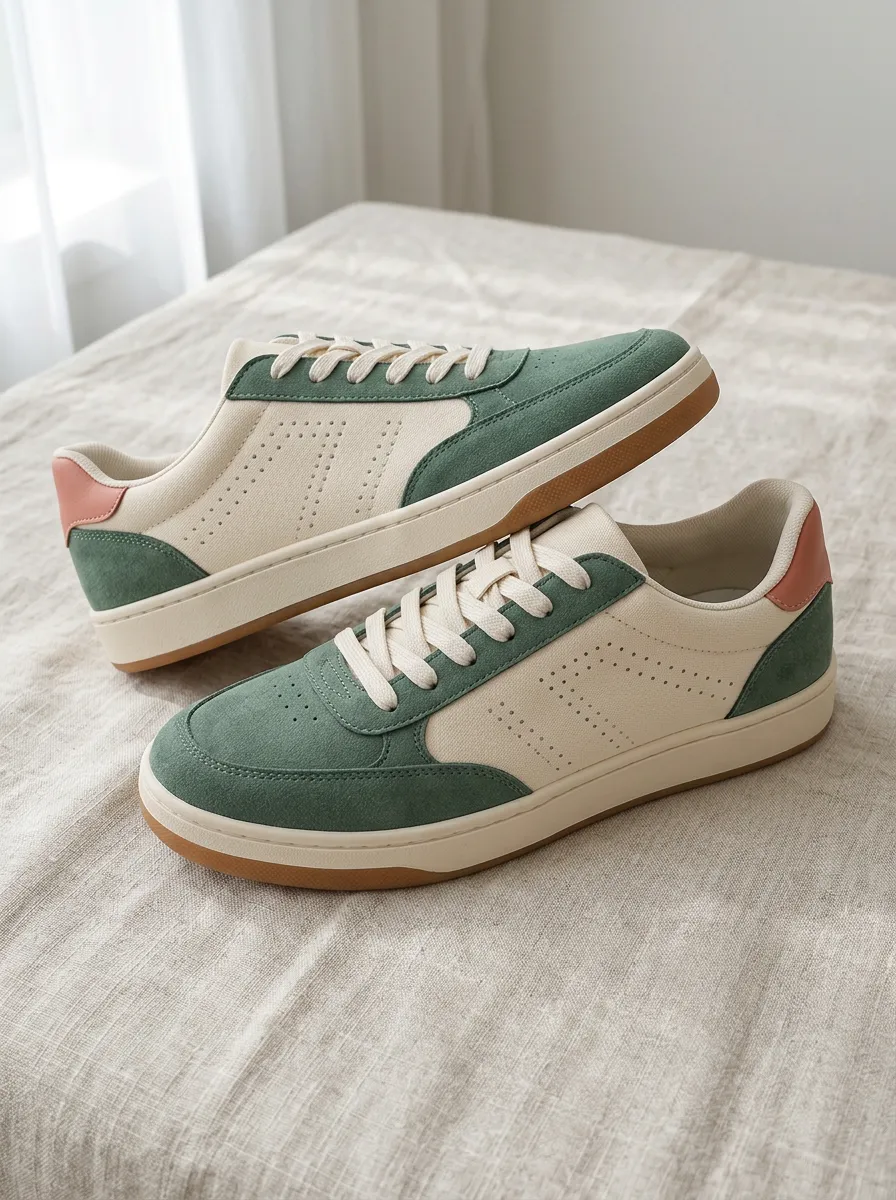 Women's Green Suede Patchwork Perforated Casual Sneakers