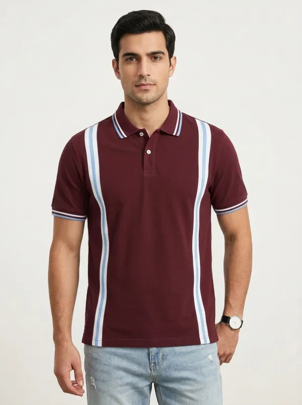 Men's Casual Navy Blue Vertical Striped Printed Polo Shirt