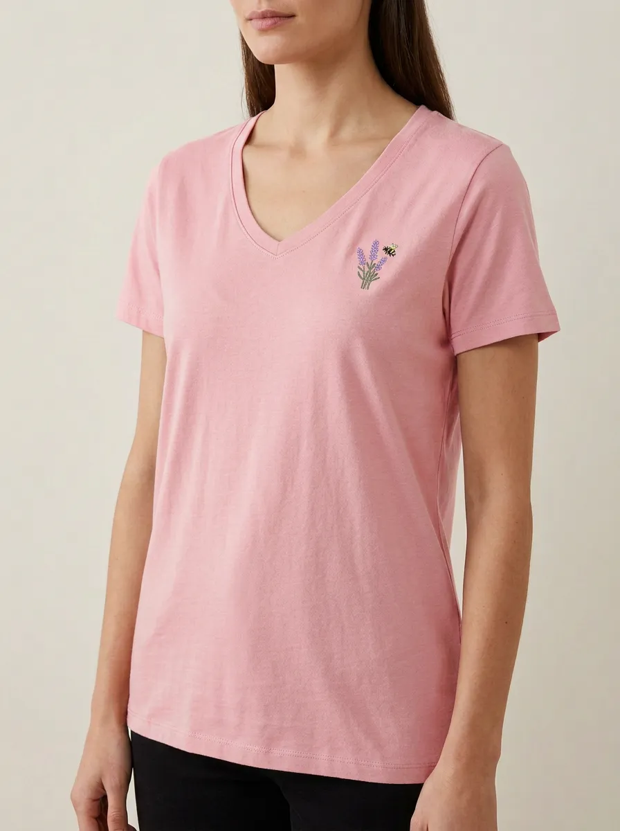 Women's Lavender & Bee Embroidered V-Neck T-Shirt
