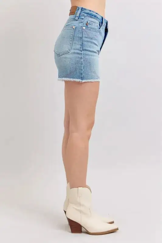 High Waist Embroidery Detail Cut Shorts Denim Pants