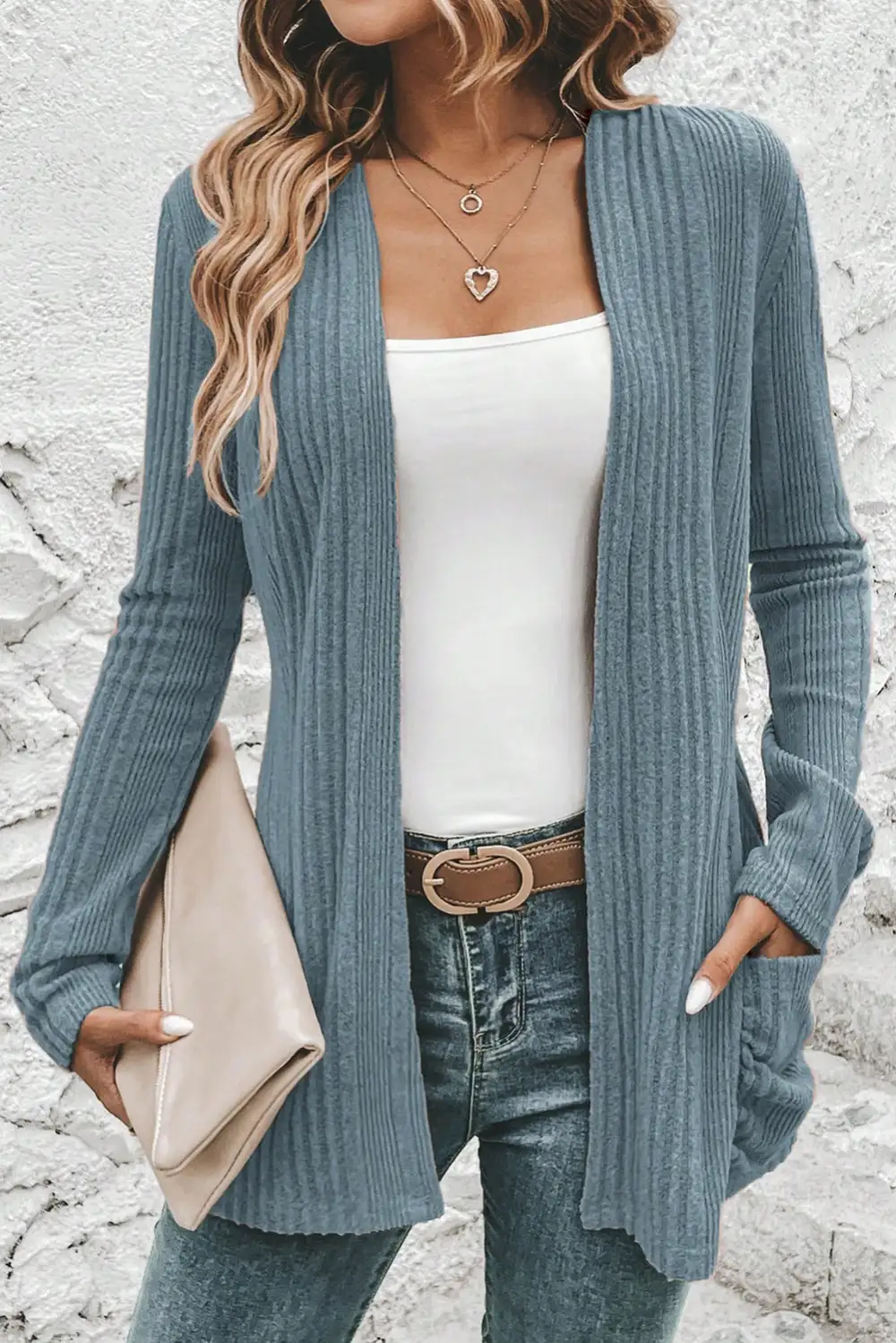Ribbed Pocketed Open Front Cardigan