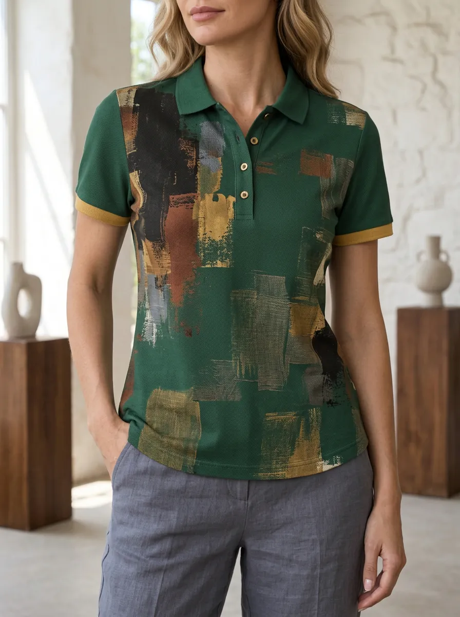 Women's Classic Abstract Brushstroke Polo Shirt