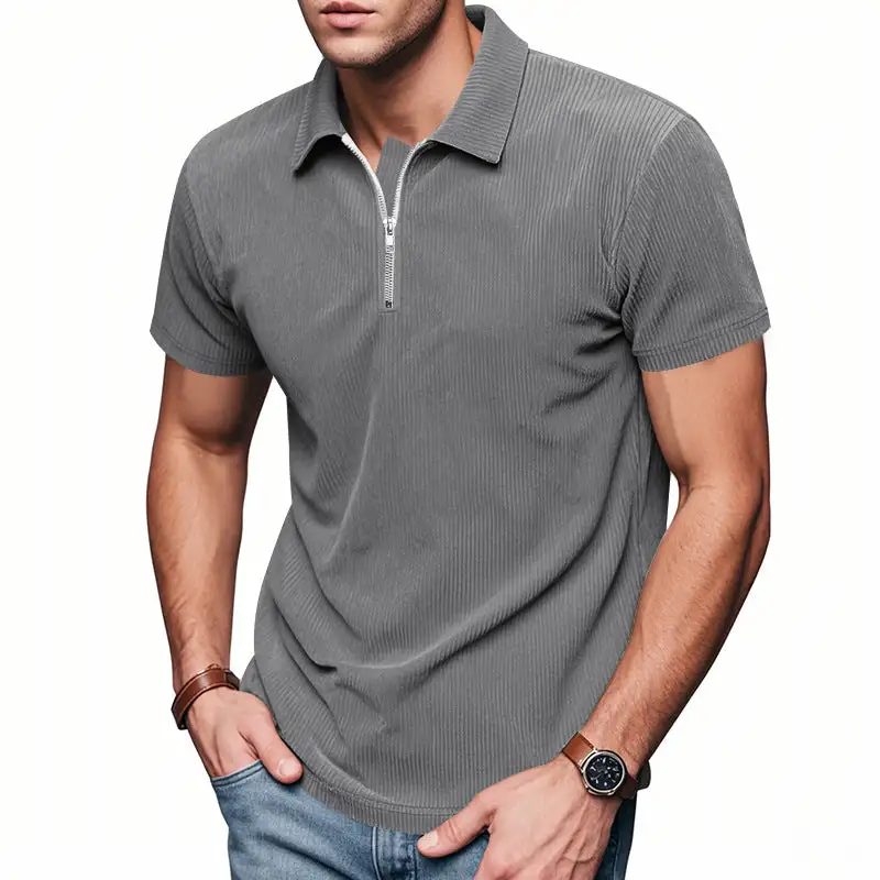 Ribbed Zip Front Short Sleeve Polo Shirt