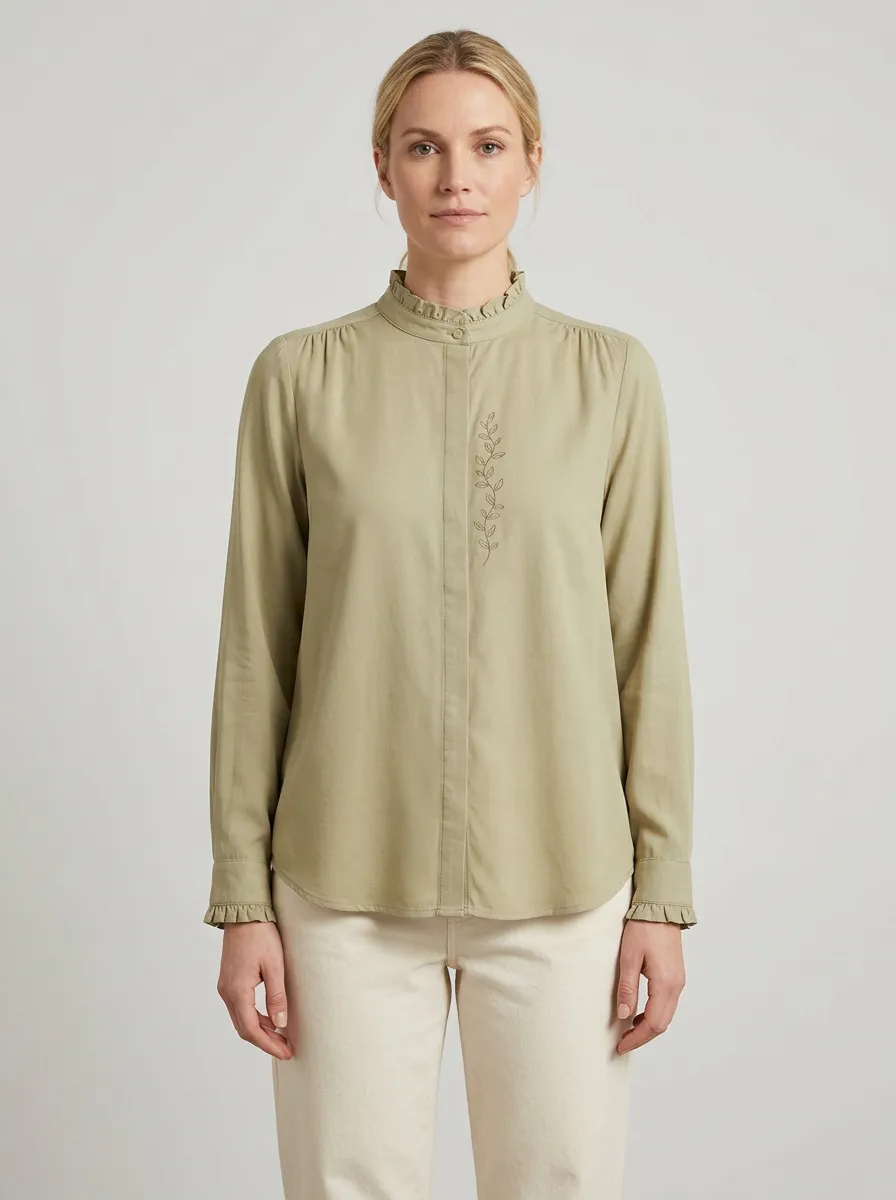 Women's Vine-Embroidered Ruffle-Collar Concealed-Placket Shirt