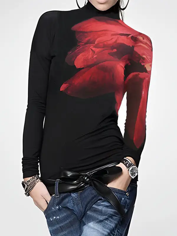 Long Sleeve Slim Fit Asymmetric Print Panel Detail High Neck T-Shirt