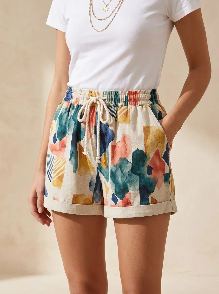 Women's Abstract Watercolor Geometric Printed Shorts