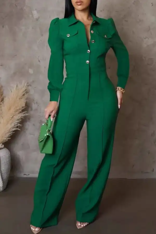Button-Front Collared Long Sleeve Jumpsuit