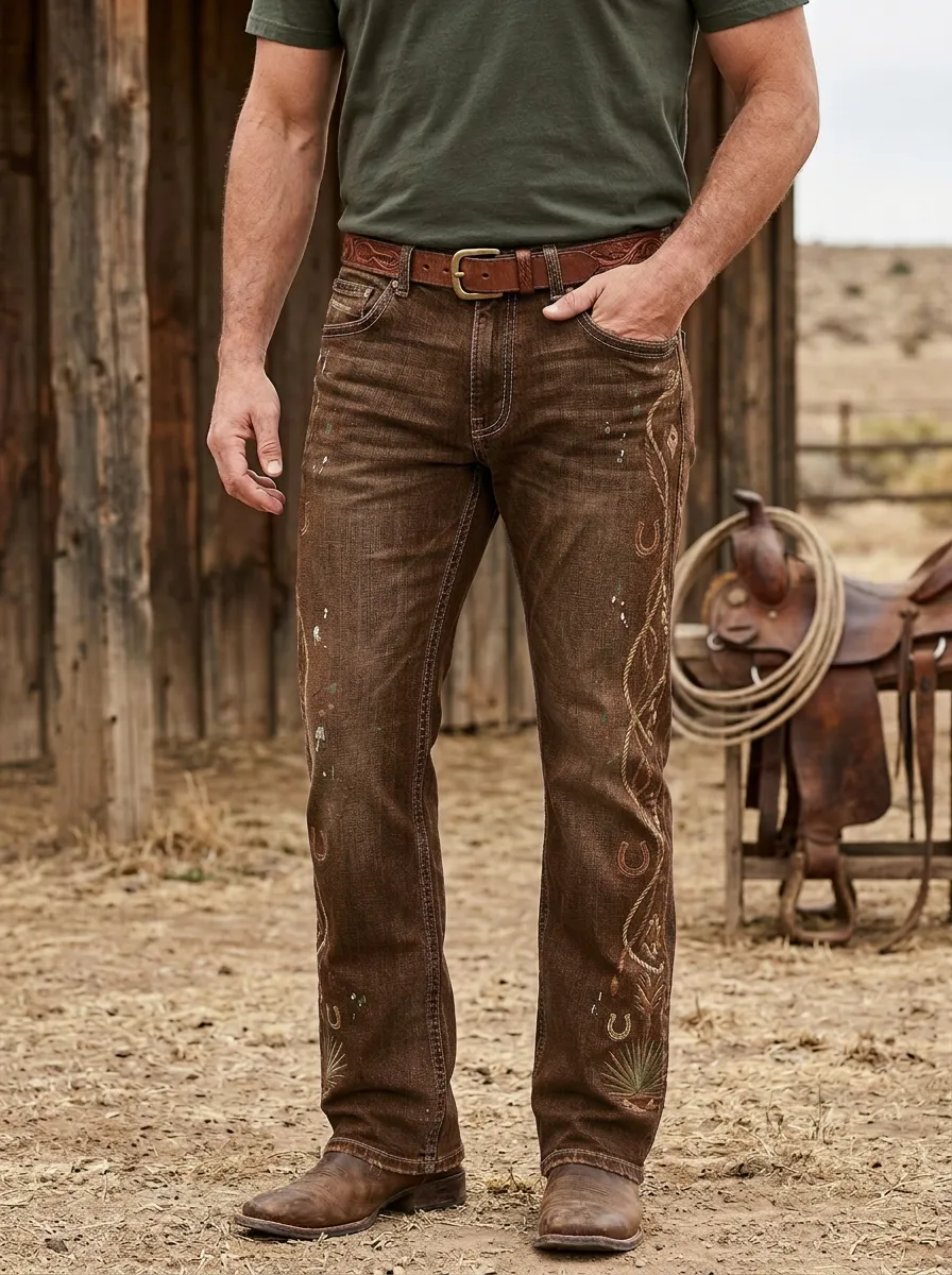 Men's Western Cowboy Horseshoe Horse Rope Jeans