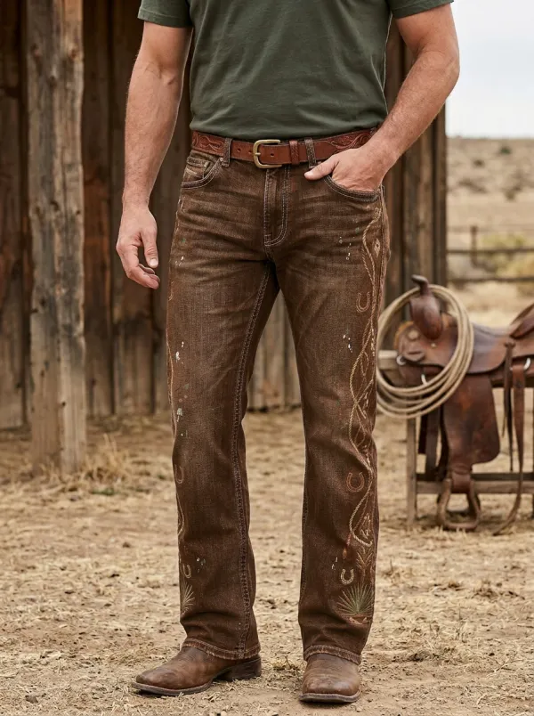 Men's Western Cowboy Horseshoe Horse Rope Jeans
