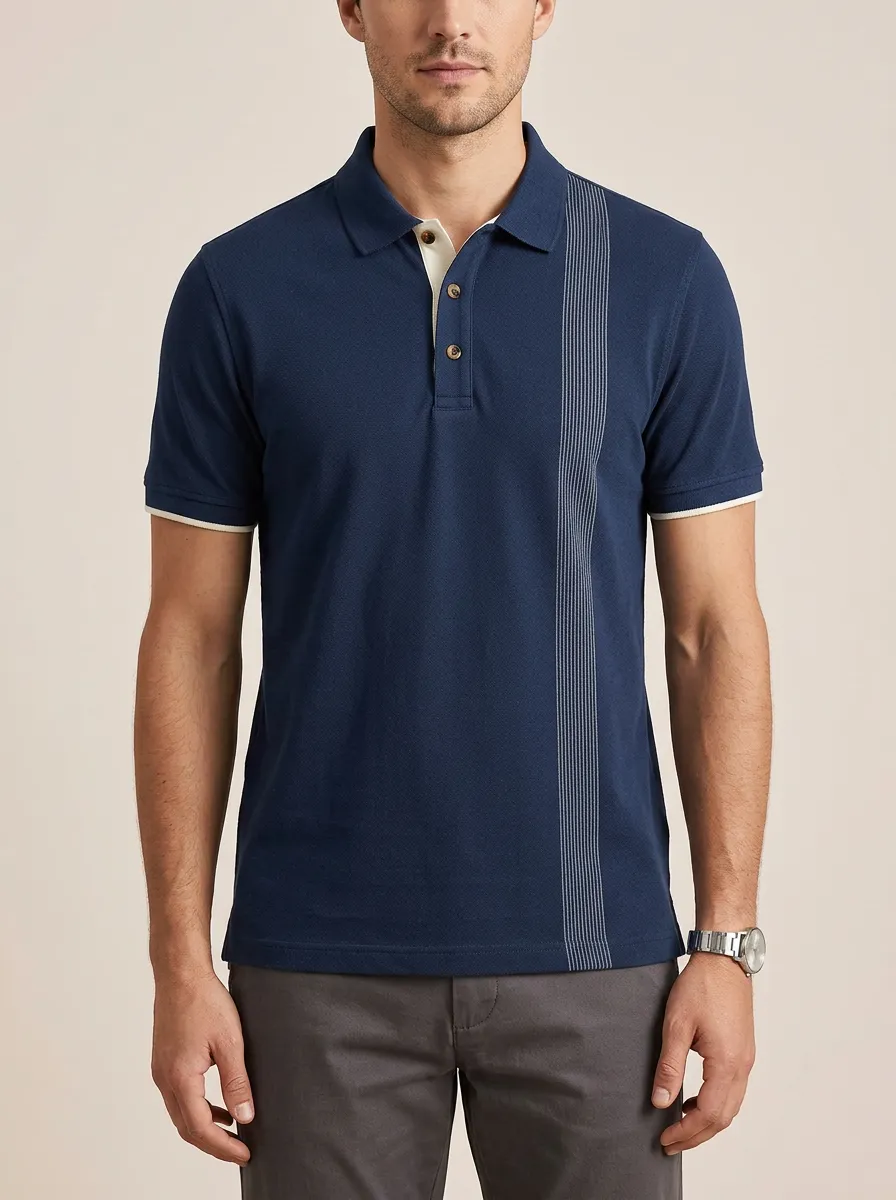 Men's Navy Vertical Stripe Contrast Trim Polo Shirt
