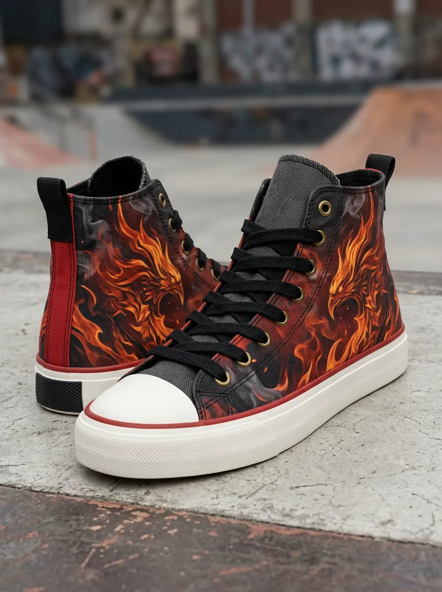Men's Fire Phoenix Flame Printed Canvas High Top Shoes