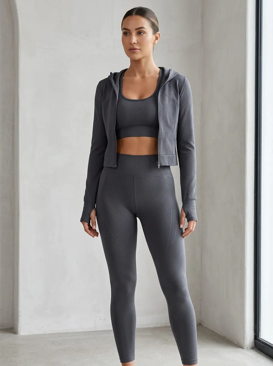 Training Textured Detail Seamless Design Wardrobe Women's Three Piece Activewear Set