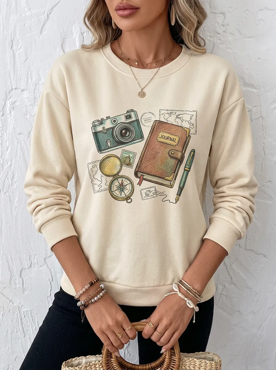 Women's Travel Lover Camera Journal Compass Printed Sweatshirt