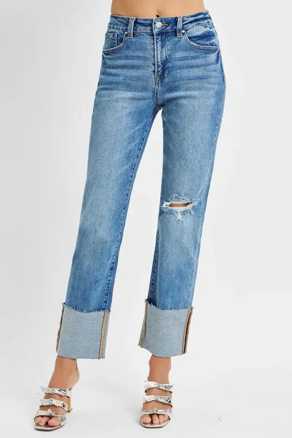 Balanced High Waist Wide Leg Cuffed Denim Jeans