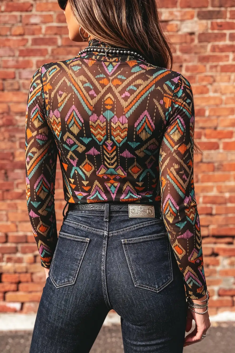 Western Print Stand Neck Mesh Stretch Fabric Long Sleeve Top