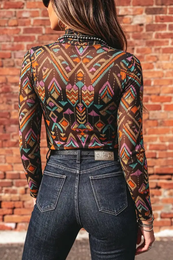 Western Print Stand Neck Mesh Stretch Fabric Long Sleeve Top
