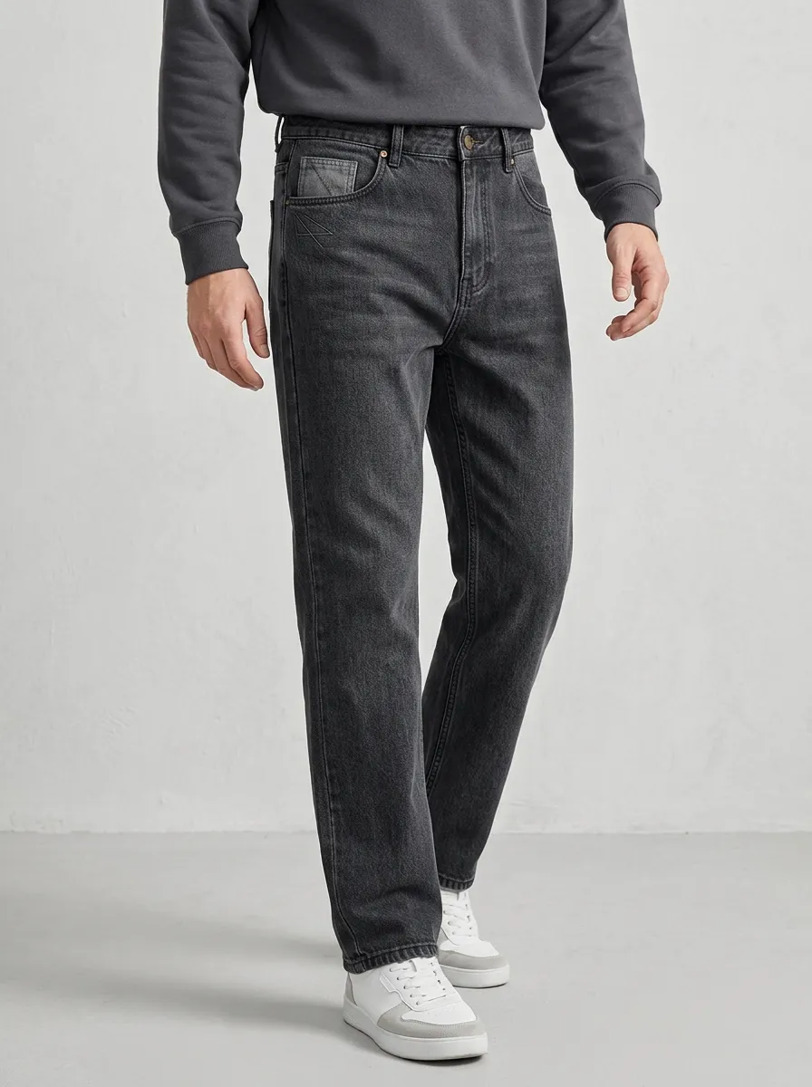 Men's Casual Streetwear Washed Black Straight Leg Jeans